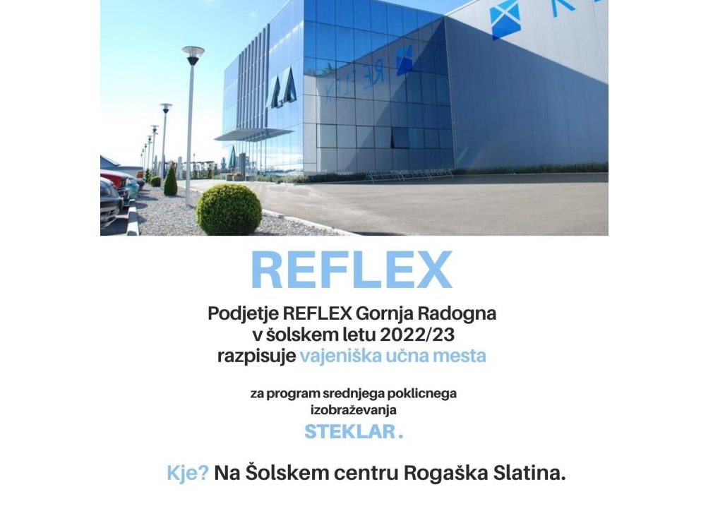 Z velikim veseljem vam sporočamo, da v šolskem letu 2022/23 vajeniška učna mesta za program srednjega poklicnega izobraževanja STEKLAR (vajenec) razpisuje tudi podjetje Reflex G.Radgona